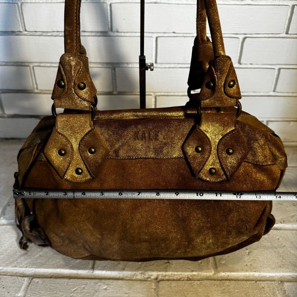 Kale Brown / Gold Metallic Suede Satchel Bag with Pink Suede Interior - Picture 15 of 15